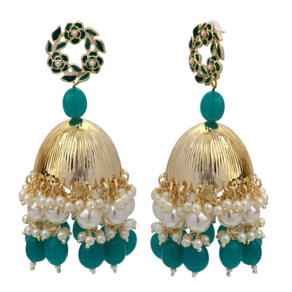 Beautifully Enamelled Dark Green Traditional Floral Jhumki Earring