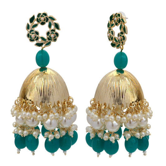 Beautifully Enamelled Dark Green Traditional Floral Jhumki Earring
