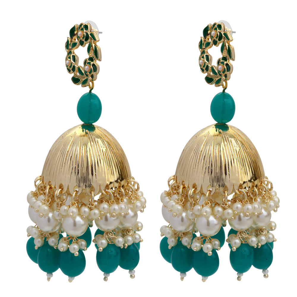 Beautifully Enamelled Dark Green Traditional Floral Jhumki Earring