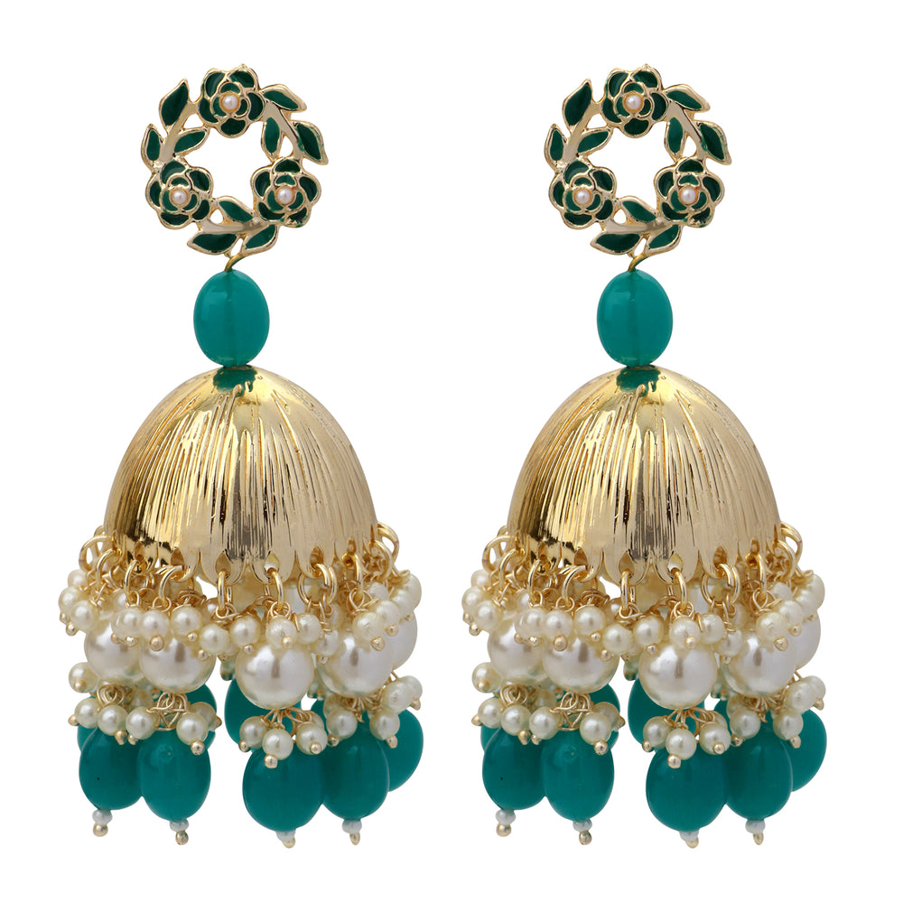 Beautifully Enamelled Dark Green Traditional Floral Jhumki Earring