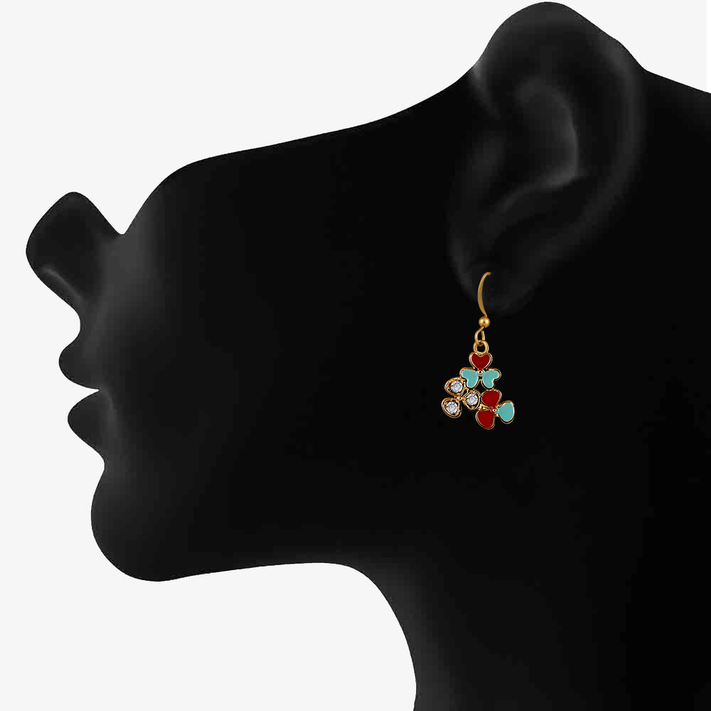 Red and Pink Meenakari Work and Crystals Floral Earrings