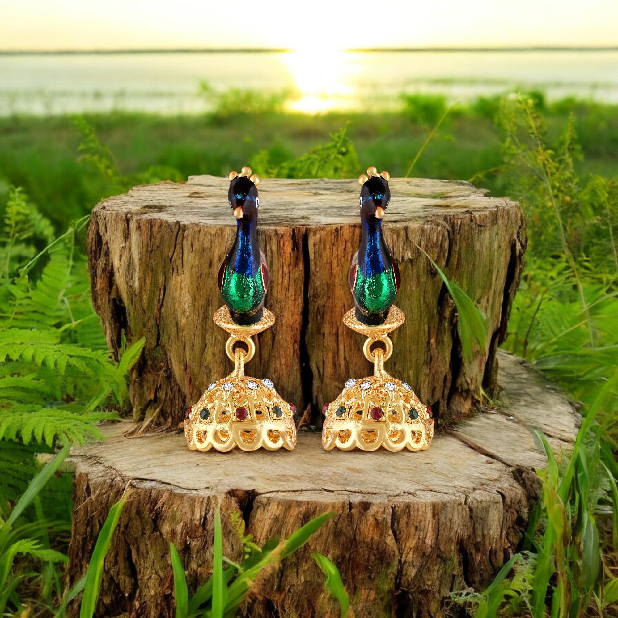 Meenakari Enamel Peacock-Shaped Dangler Jhumka Earrings