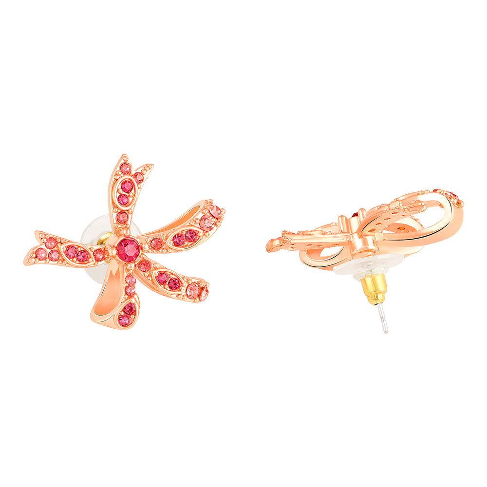 Floral Bow Stud Earrings with Pink Crystals
