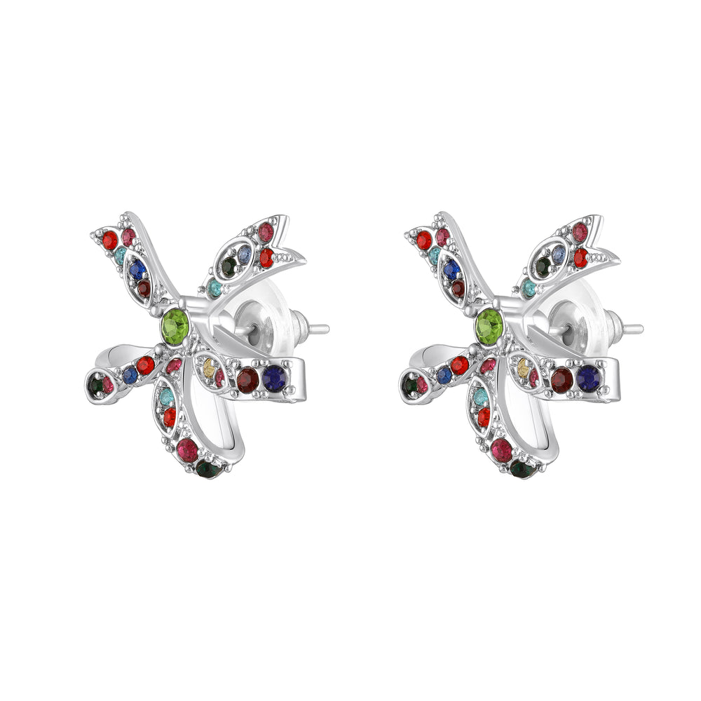Floral Bow Stud Earrings with Pink Crystals
