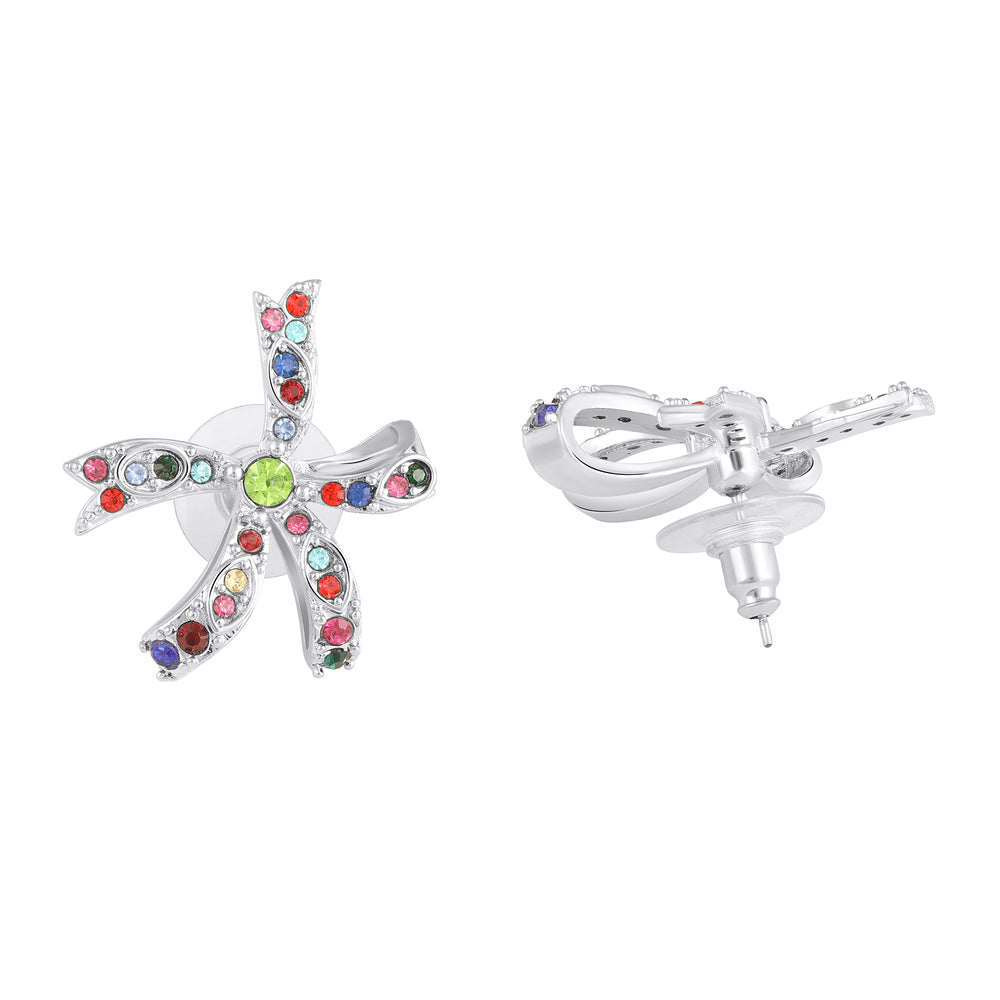Floral Bow Stud Earrings with Pink Crystals