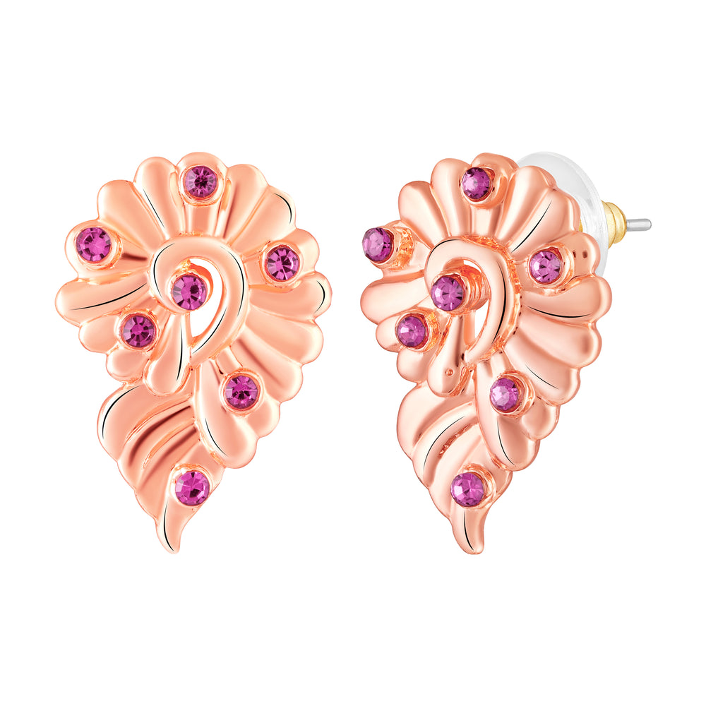 Leaf Motif Earrings with Pink Crystals