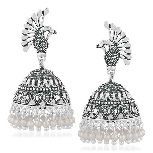 Oxidised Silver Feathery Peacock Antique Jhumka earrings