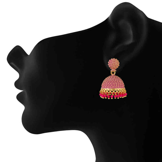 Classic Meenakari work red beads jhumka earrings