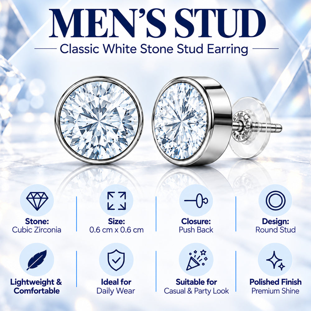 Classic Round Solitaire CZ Men's Stud Earring Pair