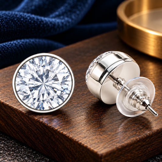 Classic Round Solitaire CZ Men's Stud Earring Pair