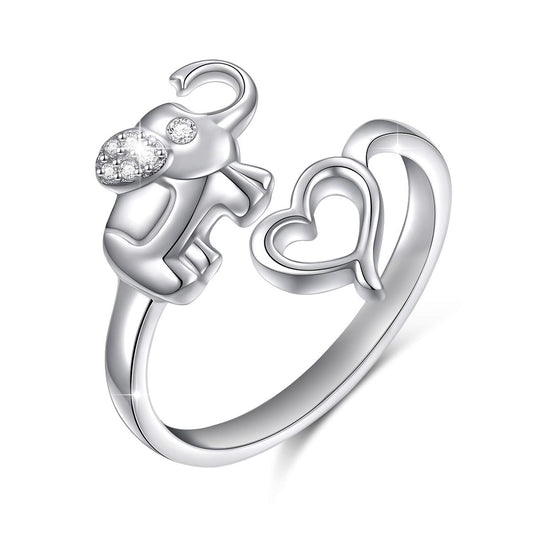 Eternal Love Heart and Elephant Adjustable Cubic Zirconia CZ Finger Ring
