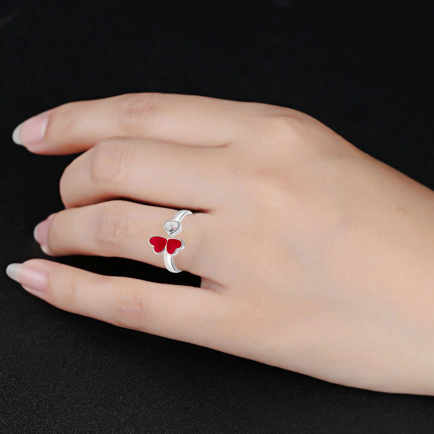 Tripple Heart Red Meena Work Adjustable Finger Ring