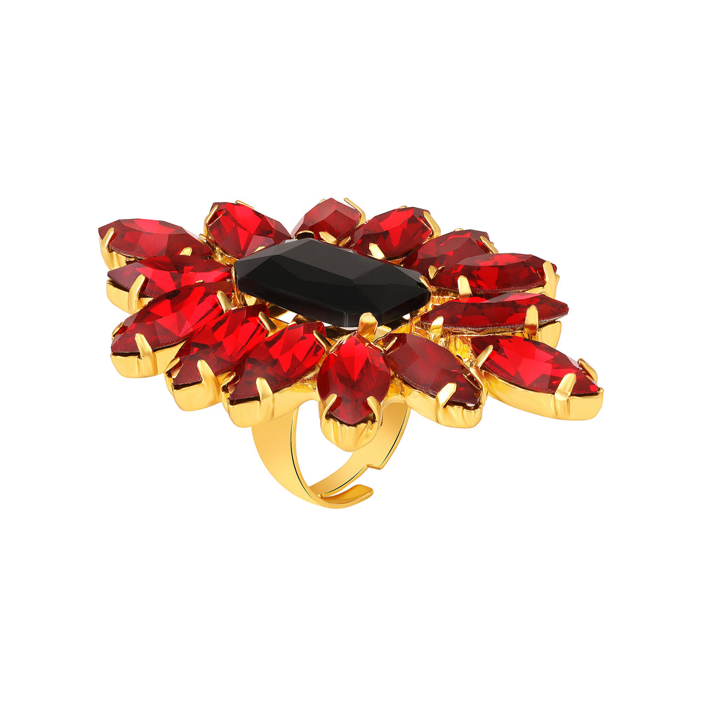Elegant Black & Green Crystal Flower Statement Ring