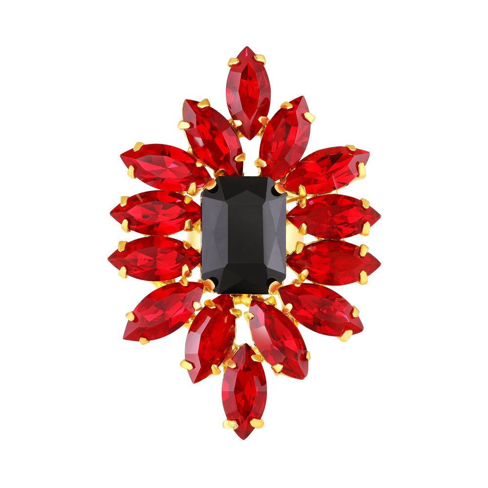 Elegant Black & Green Crystal Flower Statement Ring