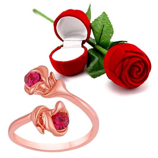 Valentine Gift Blooming Crystal Rose Adjustable Finger Ring with Rose Box