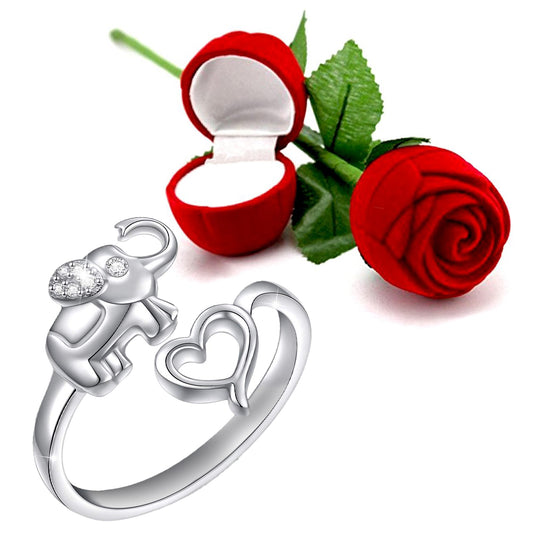 Valentine Gift Eternal Love Heart and Elephant Adjustable Open Wrap Cubic Zirconia Finger Ring for Women with Rose Box