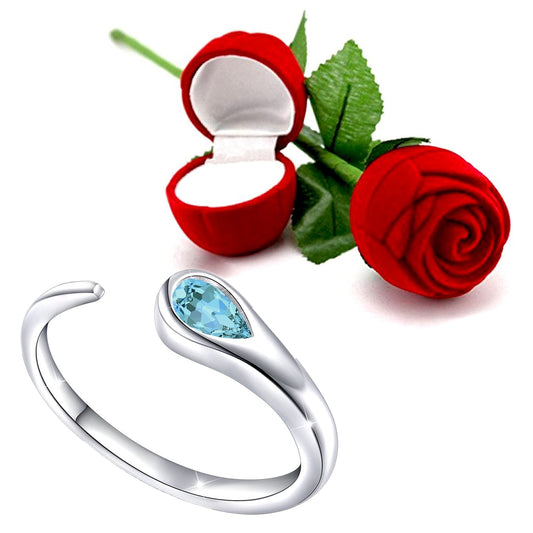 Valentine Gift Gleaming Aqua Blue Cubic Zirconia Open Wrap Adjustable Finger Ring with Rose Box