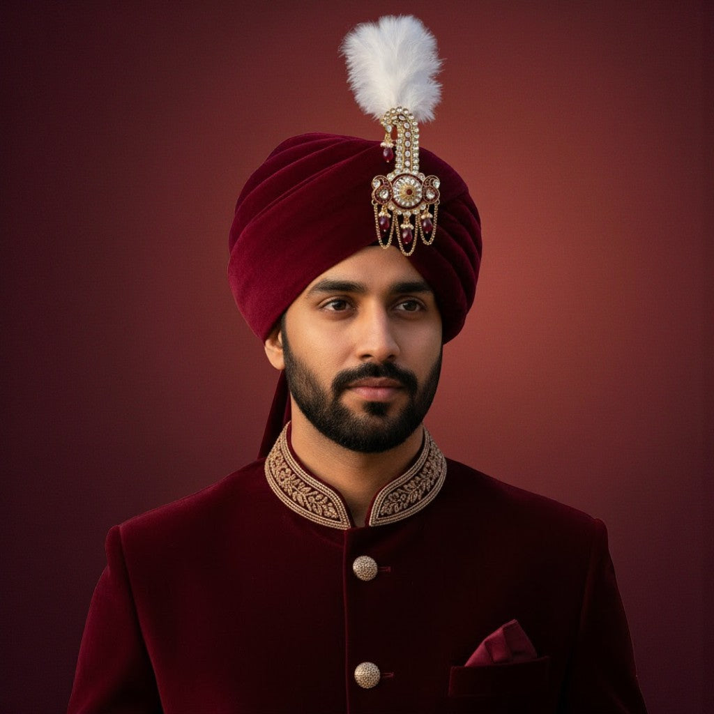 Royal Crystals Safa Kalangi for Groom with Feather