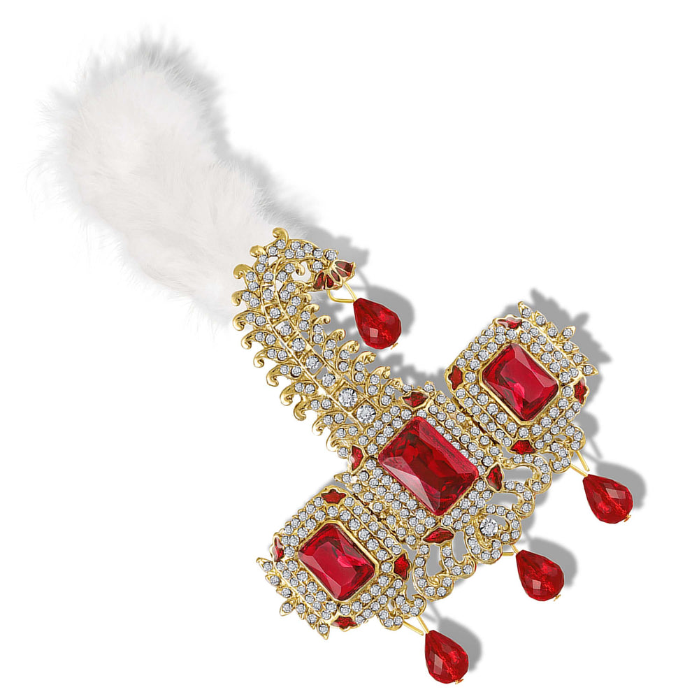 Premium Red And White Crystal Studded Groom Kalangi with Feather for Wedding