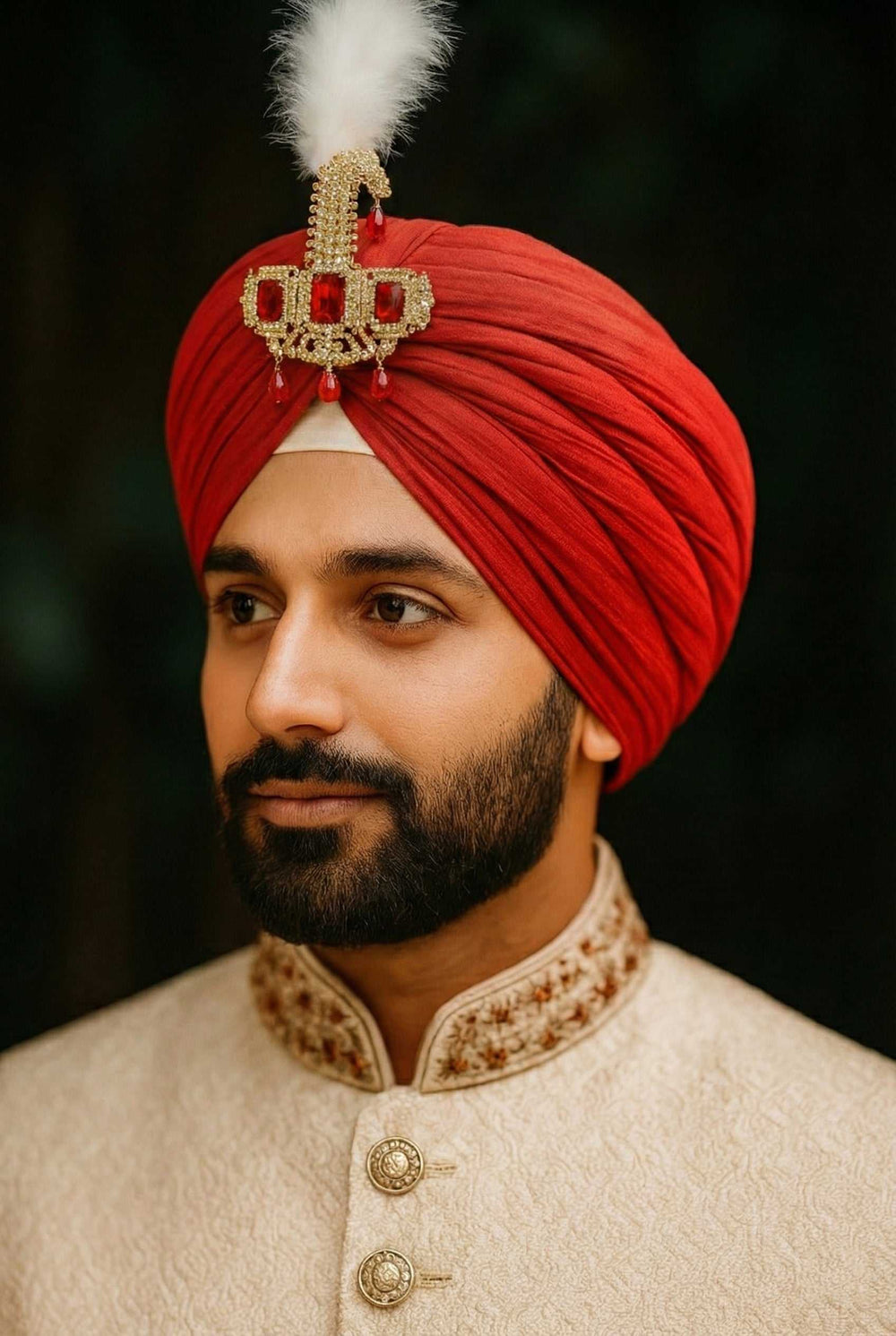 Premium Red And White Crystal Studded Groom Kalangi with Feather for Wedding
