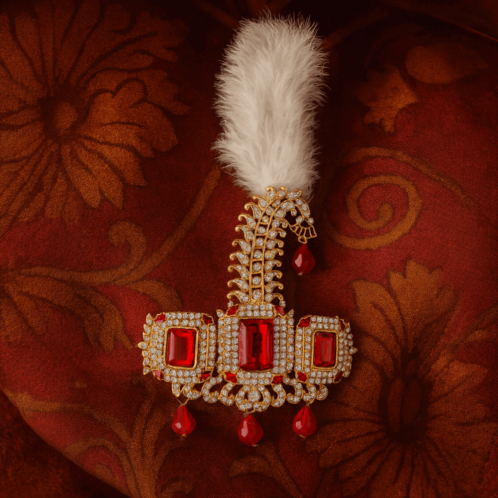 Premium Red And White Crystal Studded Groom Kalangi with Feather for Wedding