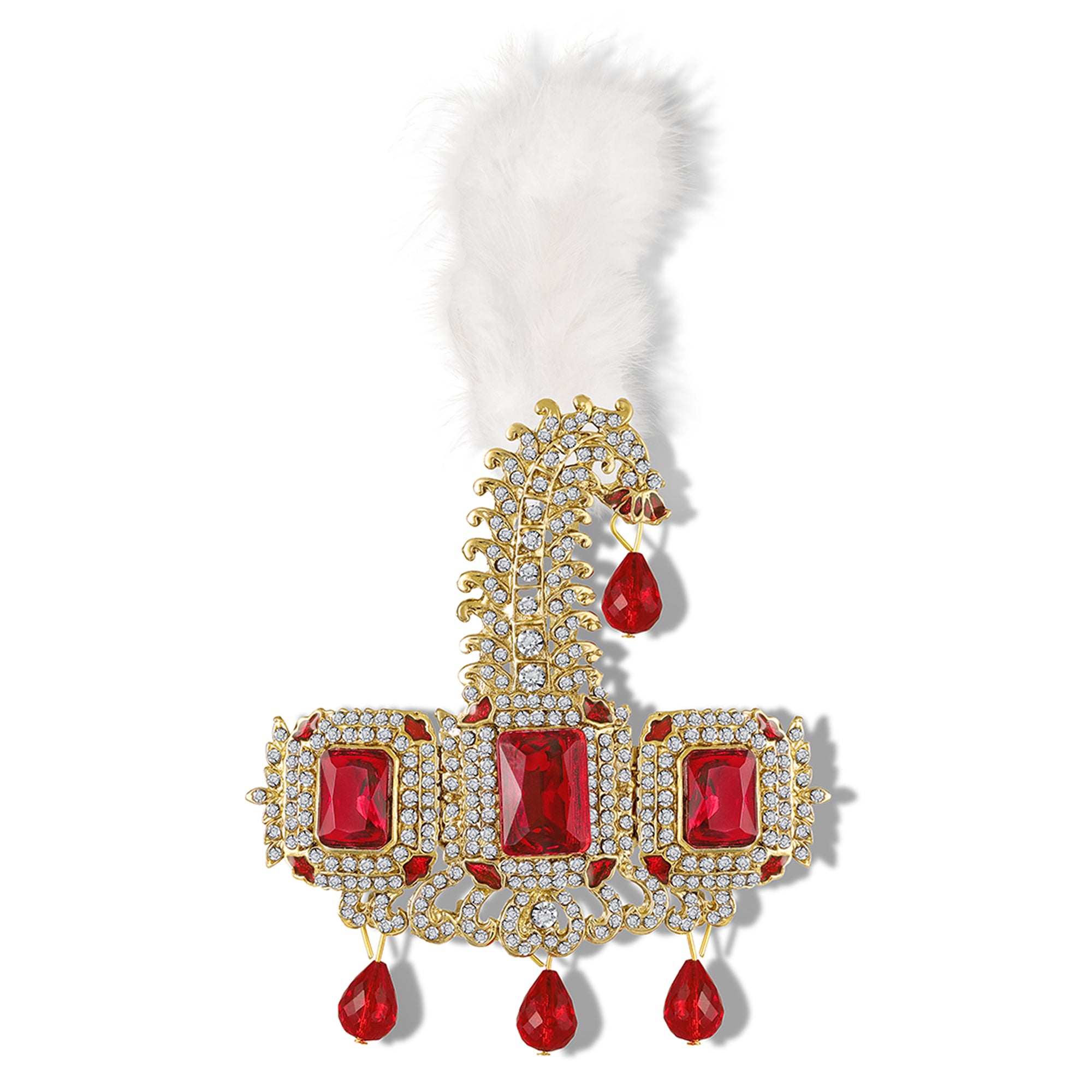 Premium Red And White Crystal Studded Groom Kalangi with Feather for Wedding