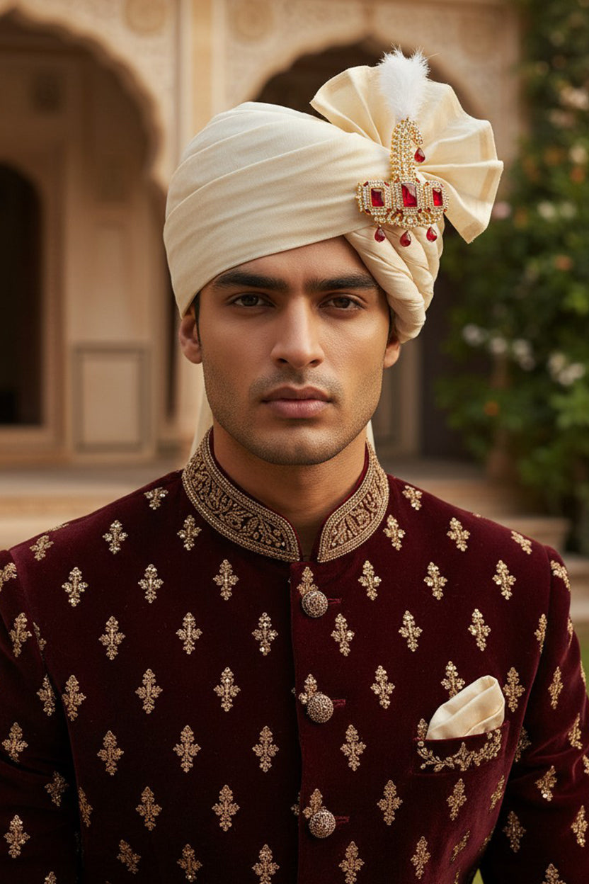 Premium Red And White Crystal Studded Groom Kalangi with Feather for Wedding