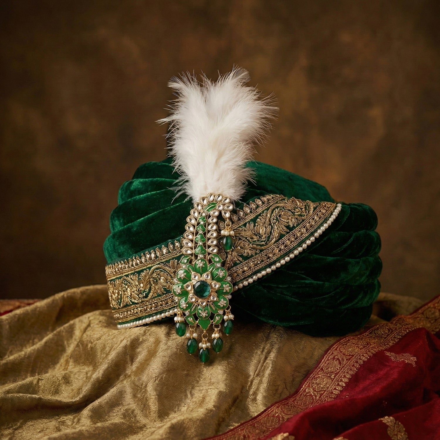 Royal Green Meenakari Enamelled Kalangi with White Feather
