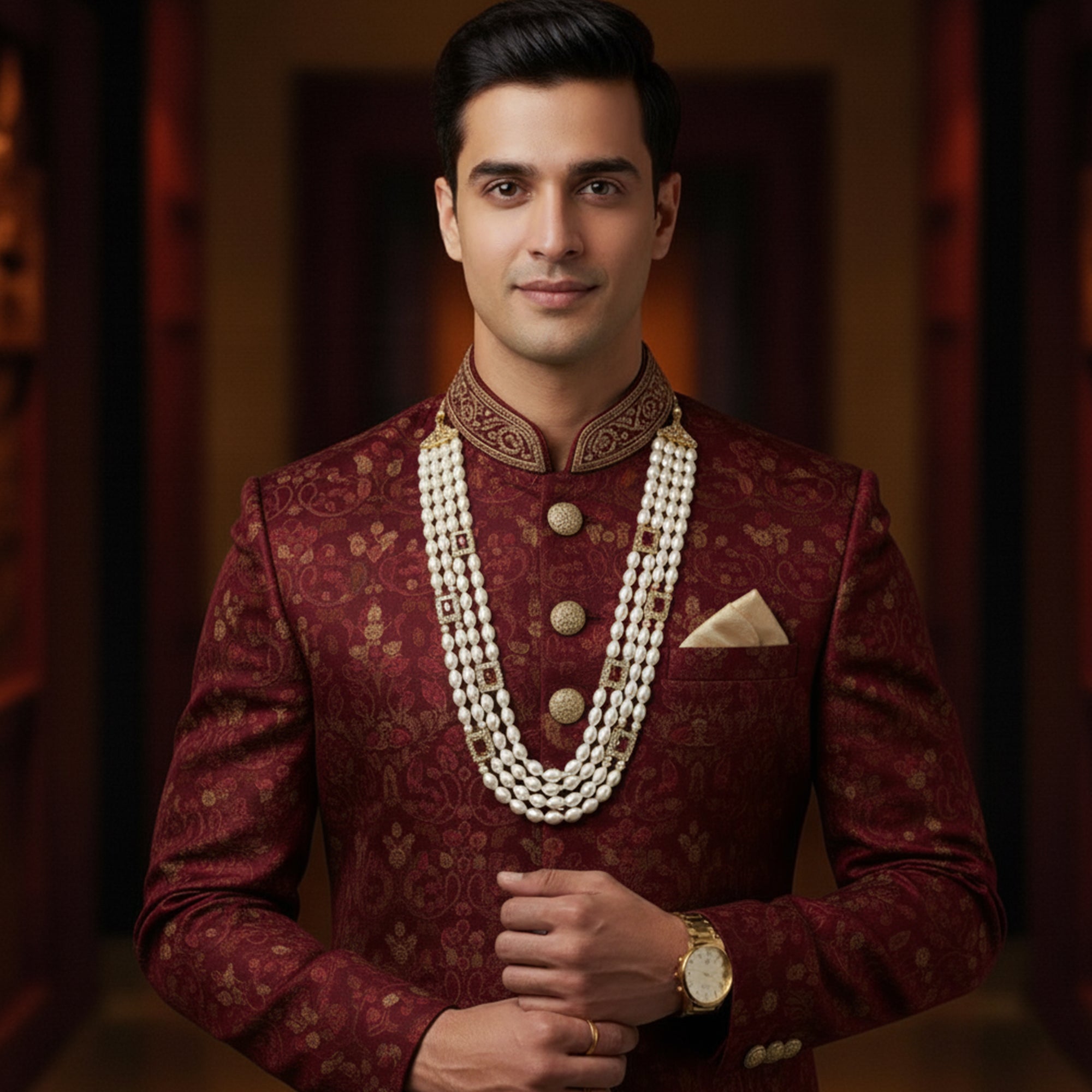 Royal Multi-Layered Artificial Pearls Crystals Dulha Mala for Groom