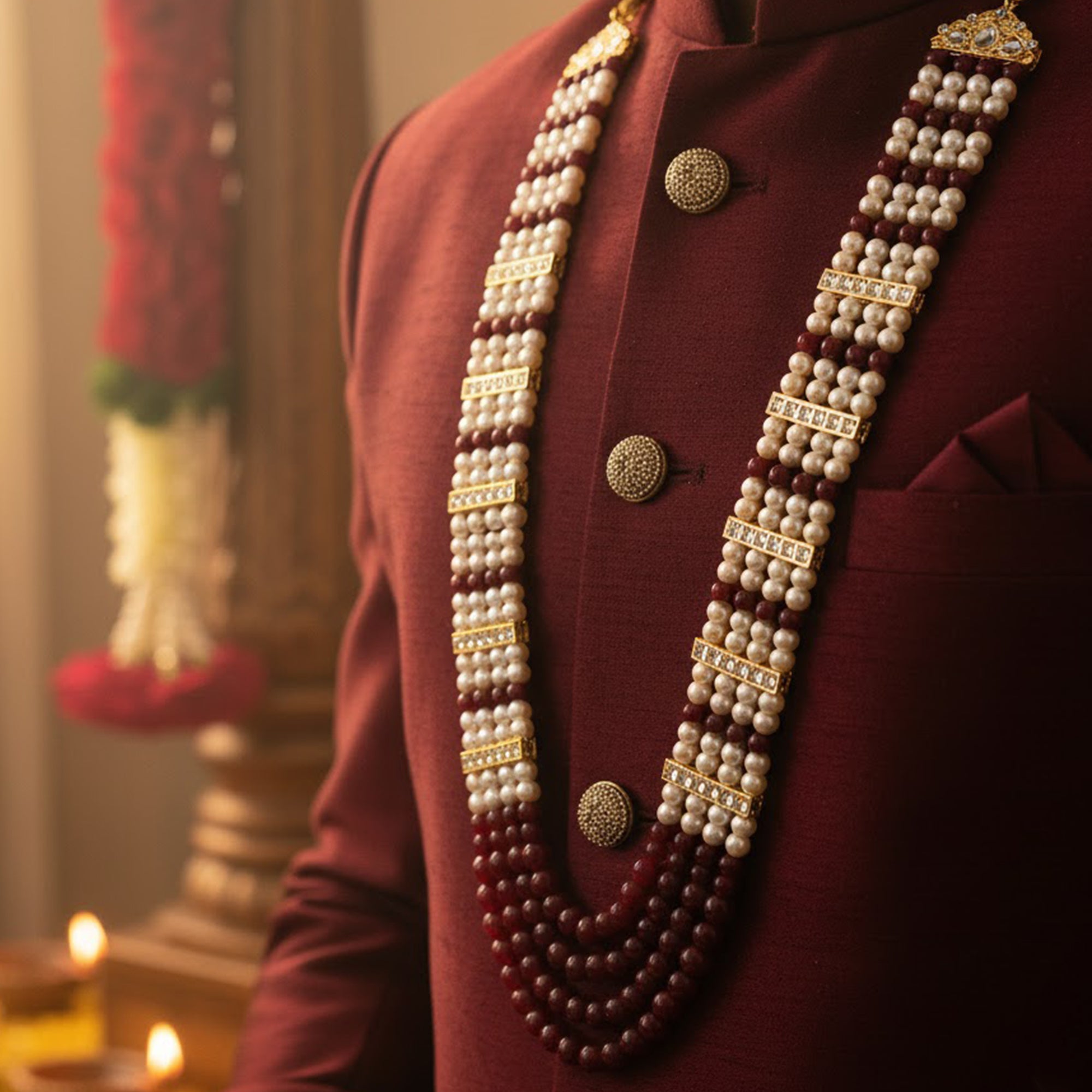 Royal Multi-Layered Artificial Pearls Crystals Dulha Mala for Groom