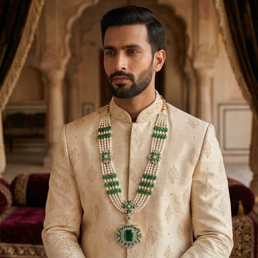 Royal Green and White Artificial Pearl Layered Dulha Mala