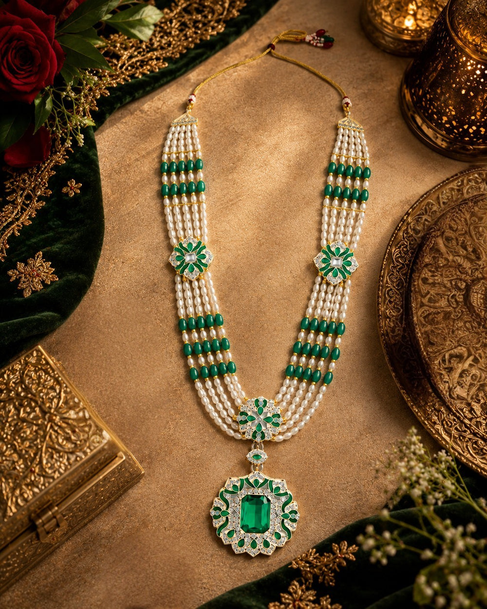 Royal Green and White Artificial Pearl Layered Dulha Mala
