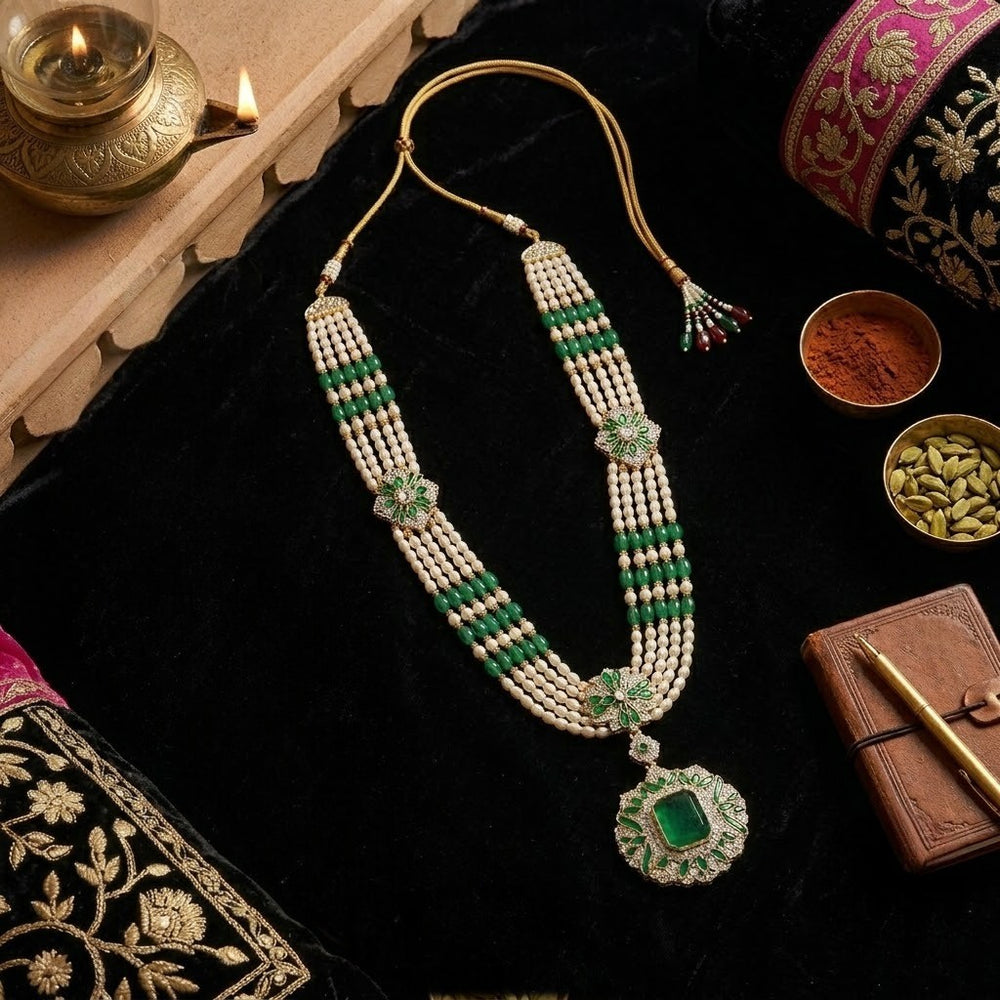 Royal Green and White Artificial Pearl Layered Dulha Mala