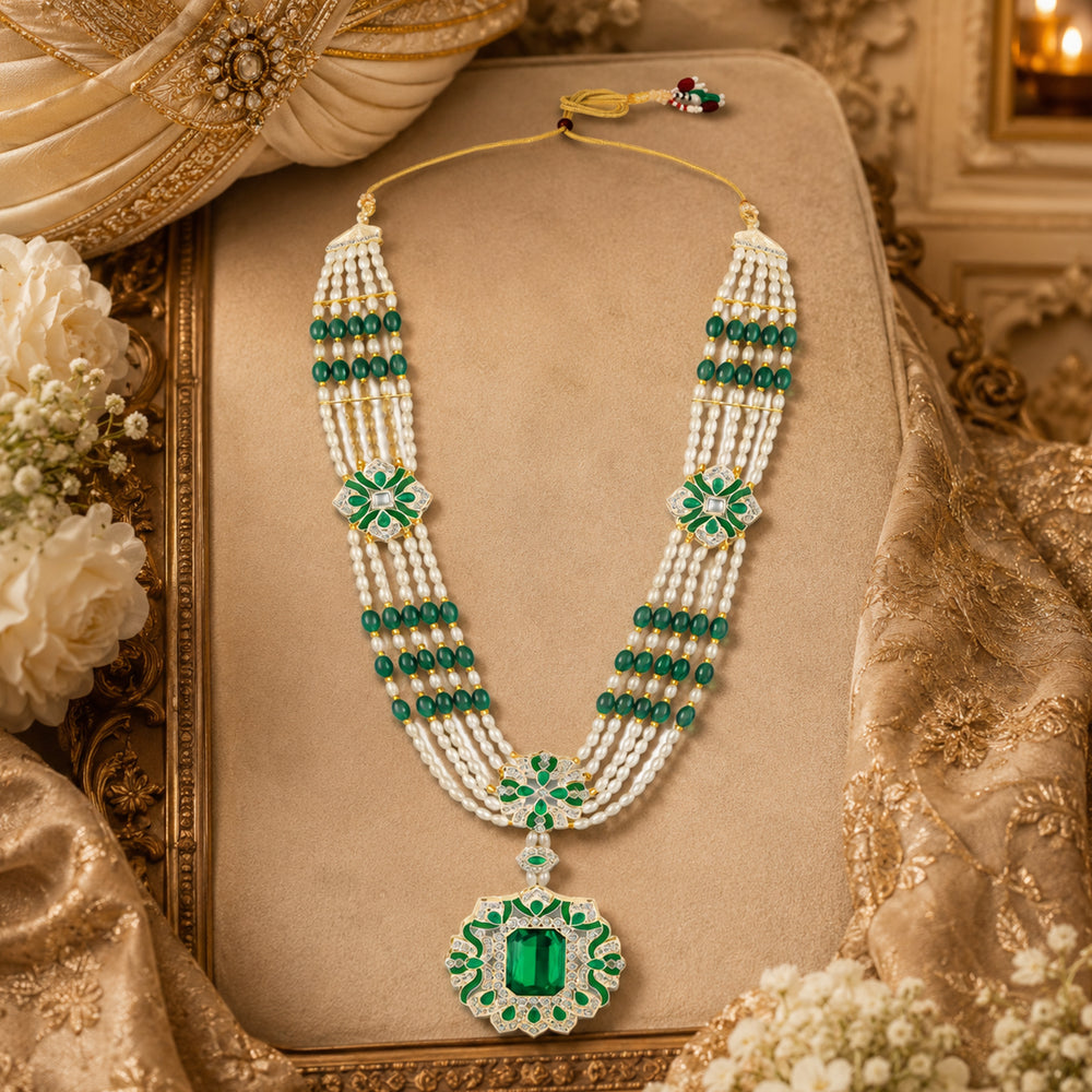 Royal Green and White Artificial Pearl Layered Dulha Mala