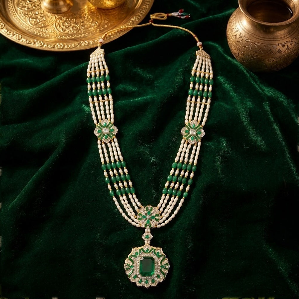 Royal Green and White Artificial Pearl Layered Dulha Mala