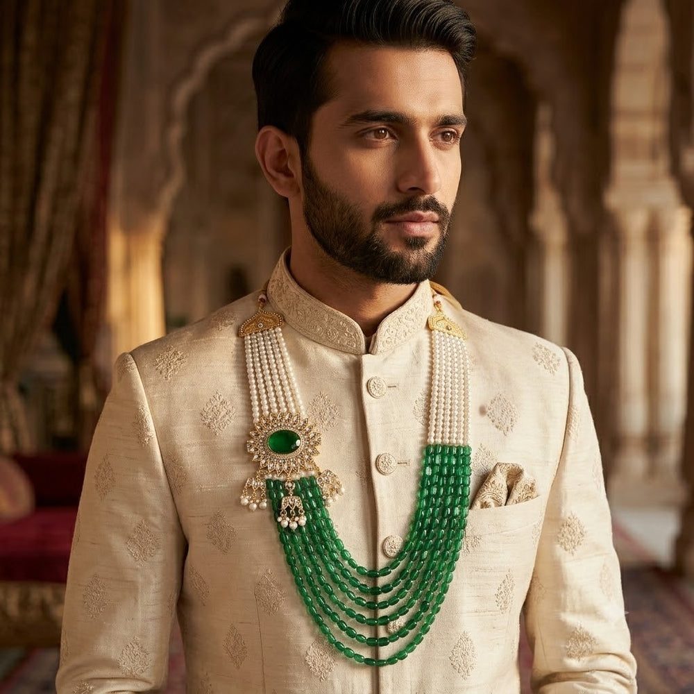 Royal Green and White Artificial Pearl Layered Dulha Mala