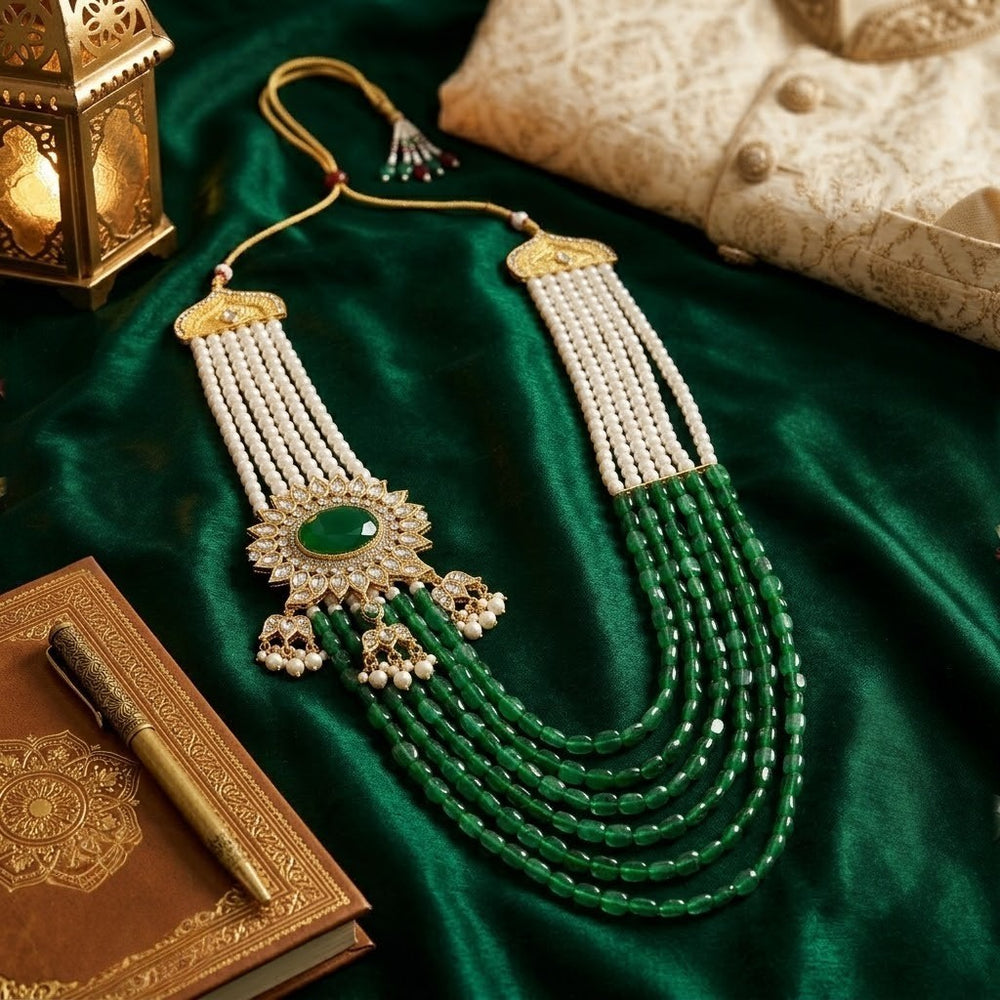 Royal Green and White Artificial Pearl Layered Dulha Mala