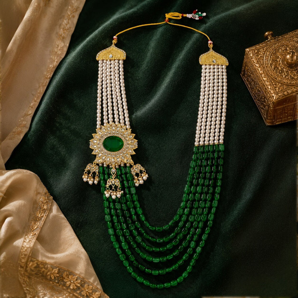 Royal Green and White Artificial Pearl Layered Dulha Mala
