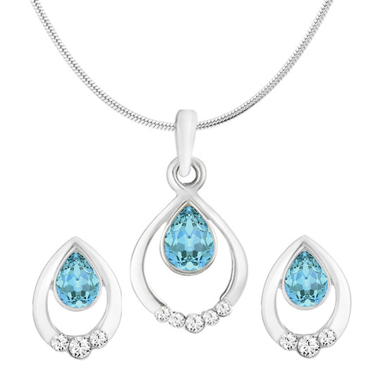 Valentine Gift Pretty Blue Drop Pendant Set with Crystals