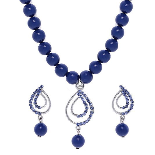 Valentine Gift Blue Crystals and Artificial Pearls Paisley Necklace Set