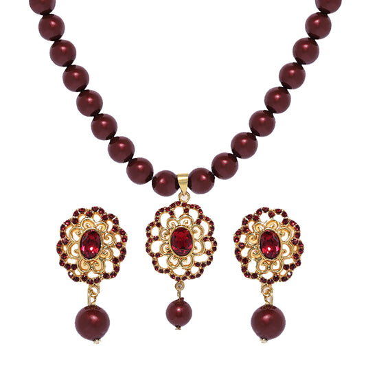 Valentine Gift Marron Crystals and Artificial Pearls Floral Necklace Stet