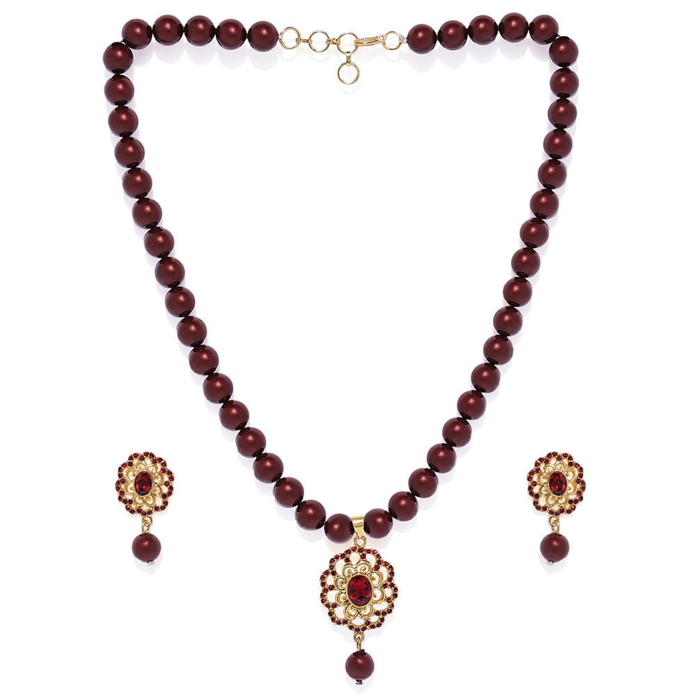 Valentine Gift Marron Crystals and Artificial Pearls Floral Necklace Stet