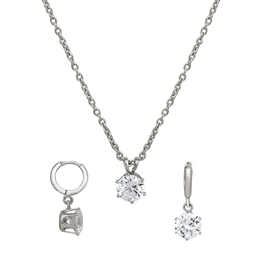 Solitaire White Round Crystal Pendant Set