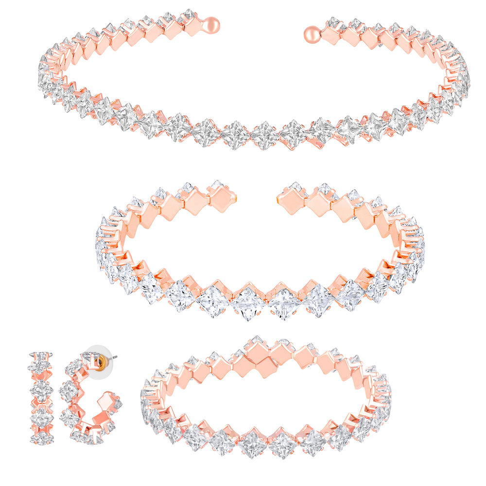 Classic Cubic Zirconia Princess Cut Adjustable Choker Necklace Jewellery Set