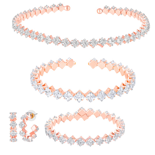 Classic Cubic Zirconia Princess Cut Adjustable Choker Necklace Jewellery Set