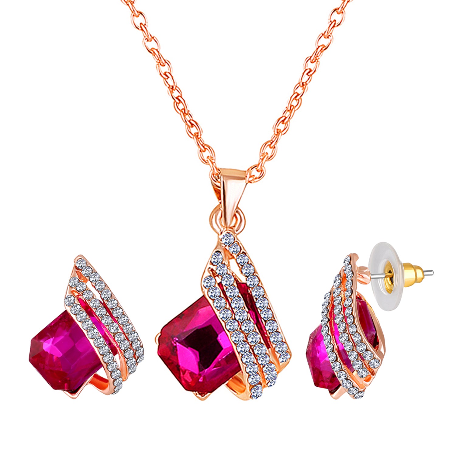 Shining Angel Wings Pink and White Crystal Pendant Necklace Earrings Set