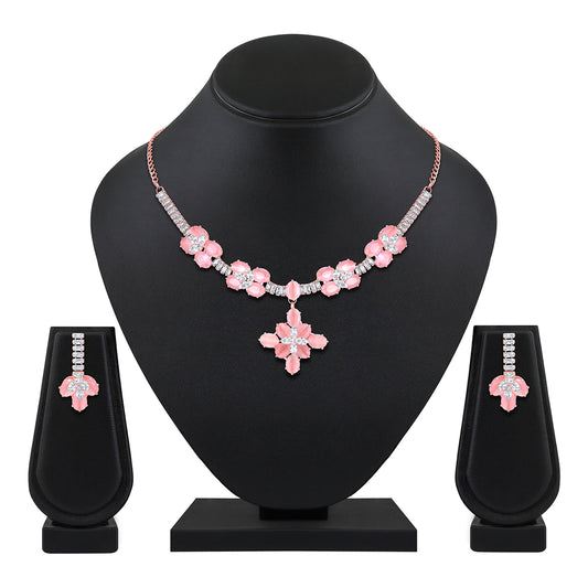 Elegant Floral CZ Necklace Paired with a Pair of Earrings