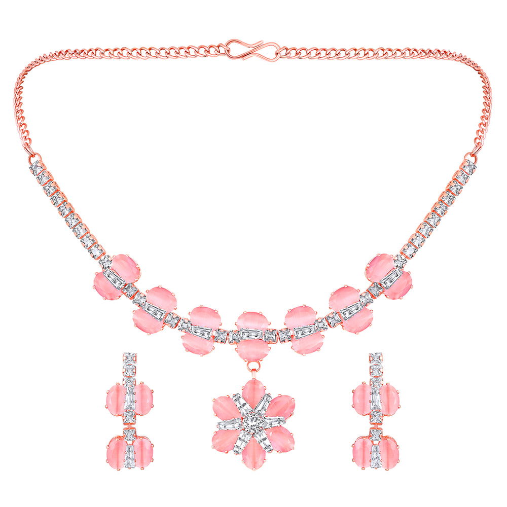 Elegant Floral CZ Necklace Paired with a Pair of Earrings