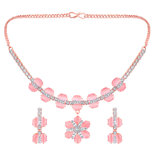 Elegant Floral CZ Necklace Paired with a Pair of Earrings