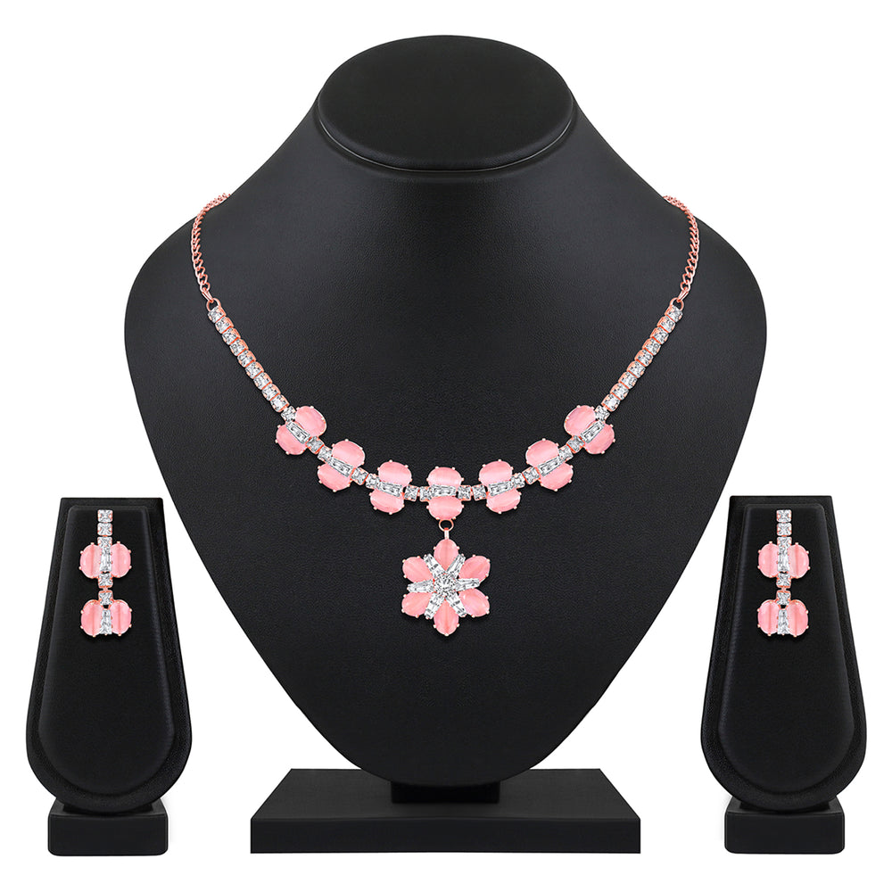 Elegant Floral CZ Necklace Paired with a Pair of Earrings